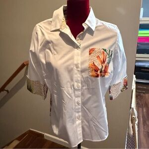 Chico's White and Orange Button Down Shirt with Notched Collar
